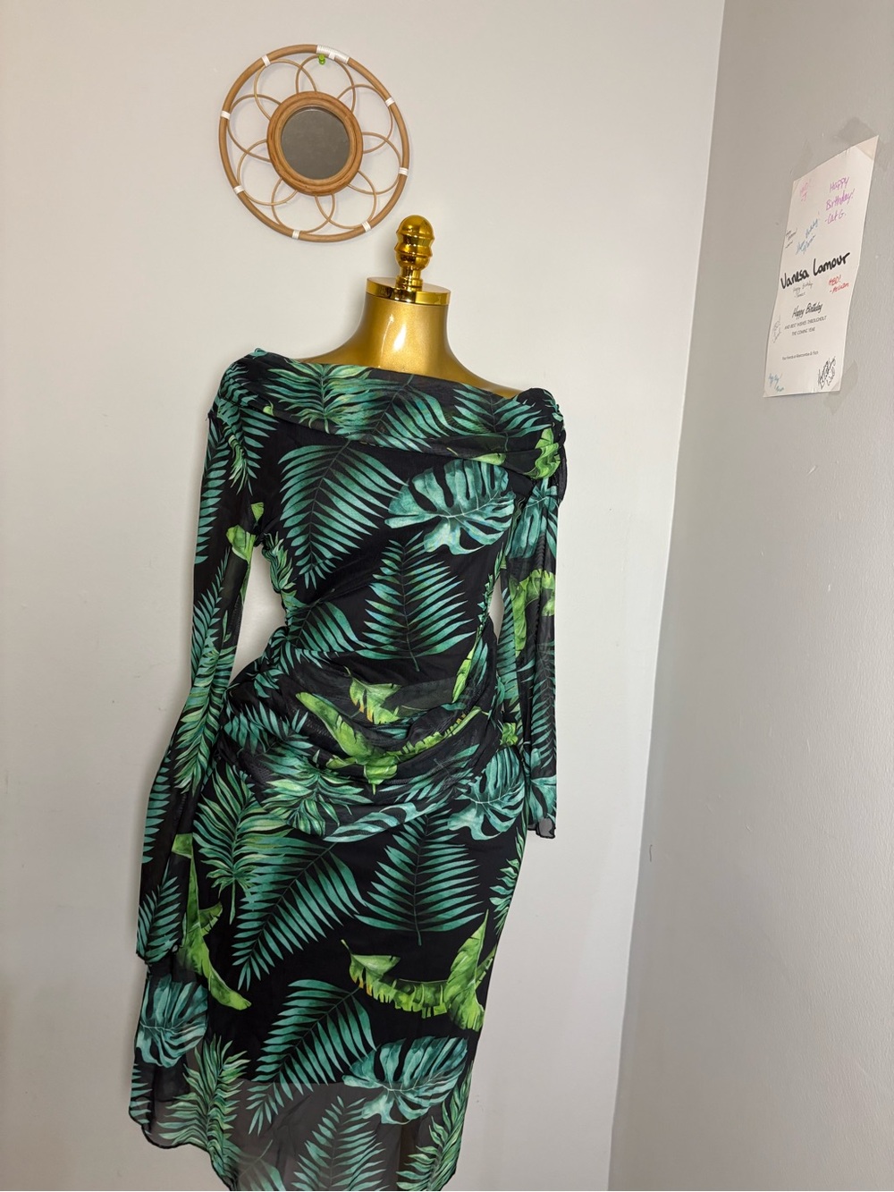 Tropical Leaf Long Sleeve Midi Dress - Black & Green